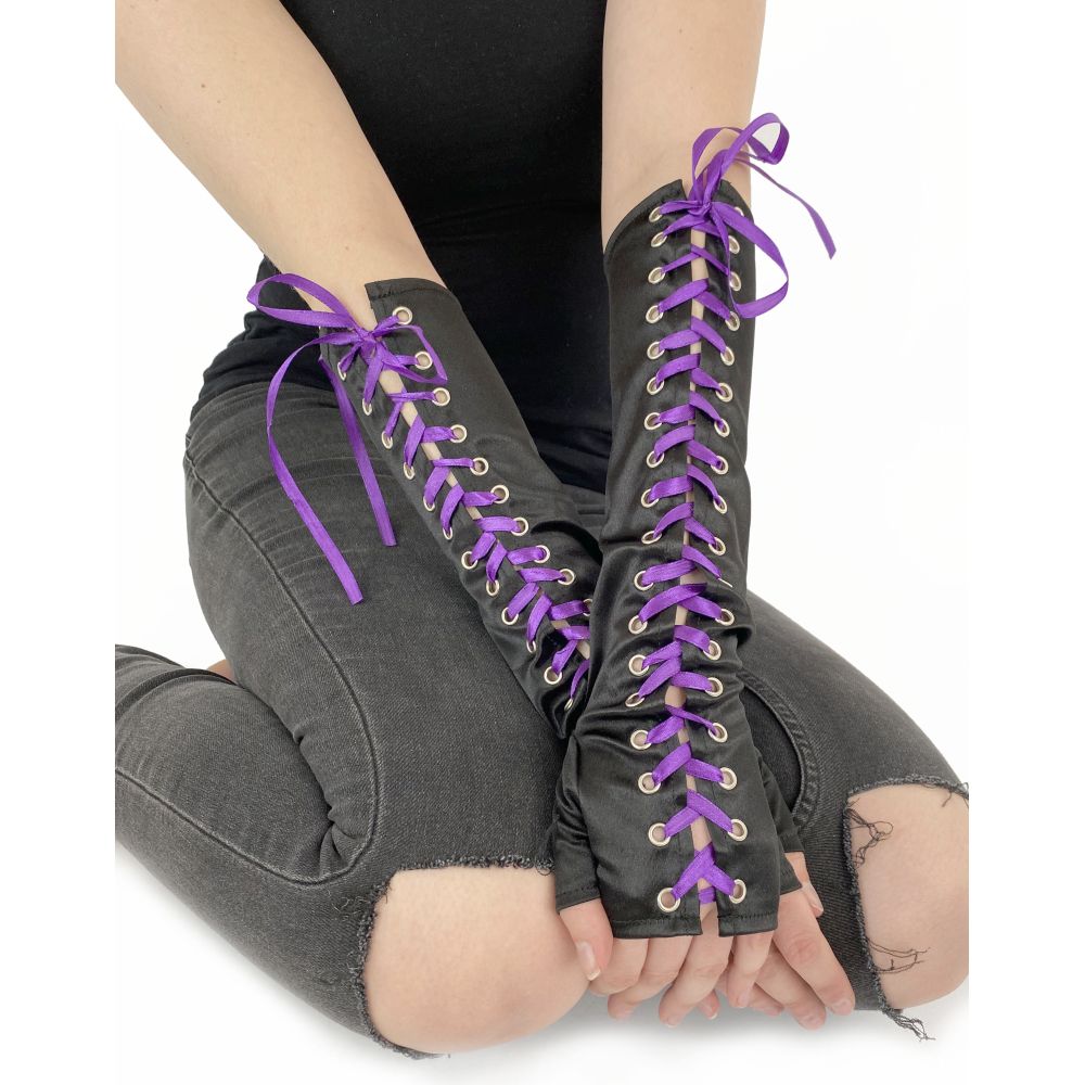 Pamela Mann - Lace Up Handschoenen - Zwart/Paars